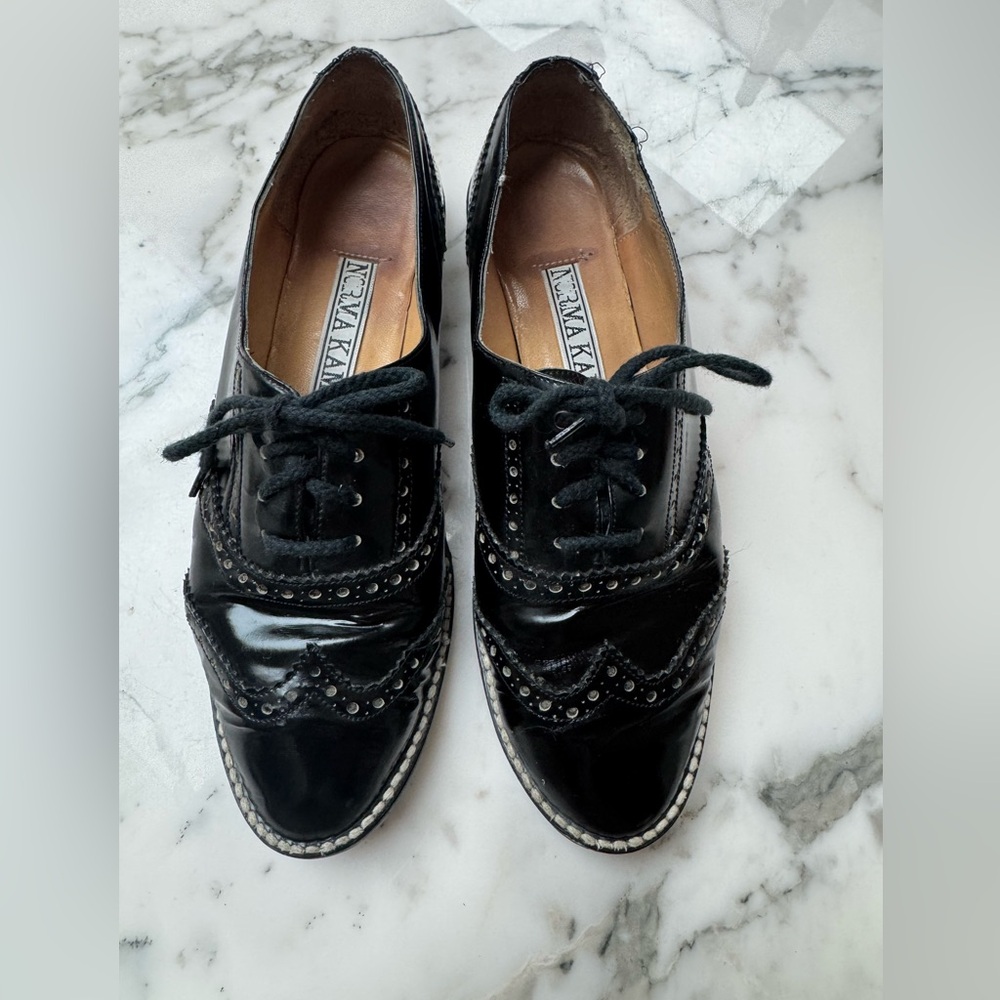 Vintage Norma Kamali Black Patent Wingtip Oxfords